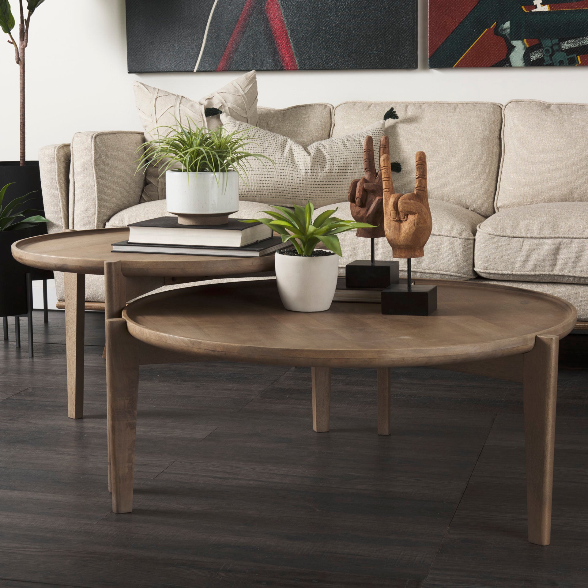 Clever (Set of 2) 40" & 31" Round Brown Solid Wood Nesting Coffee Tables