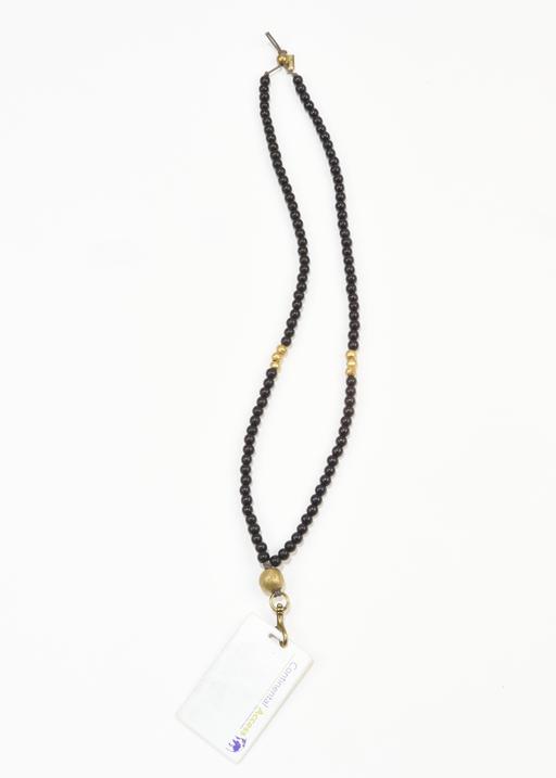 WOOD AND BRASS BADGE NECKLACE